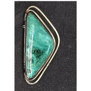 Vintage Israel 925 Sterling Silver Turquoise Green Stone Modernist Brooch 20.7g
